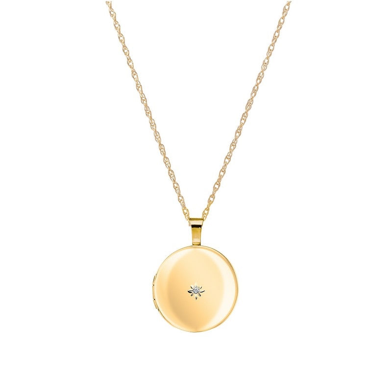 Rund Siersbøl medaljon i påvalset 14 kt guld med diamant 0,01 ct og 45 cm kæde